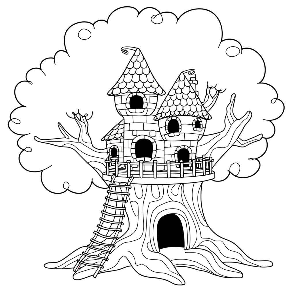 Cartoon treehouse castle coloring page showing a fairy-tale castle with towers built in a large oak tree