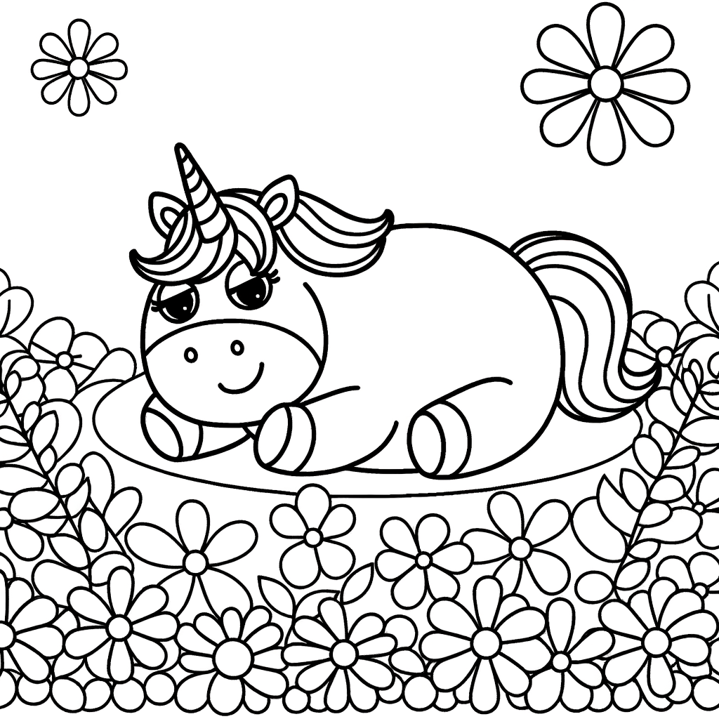Cartoon unicorn coloring page showing a peaceful unicorn resting in a bed of flowers