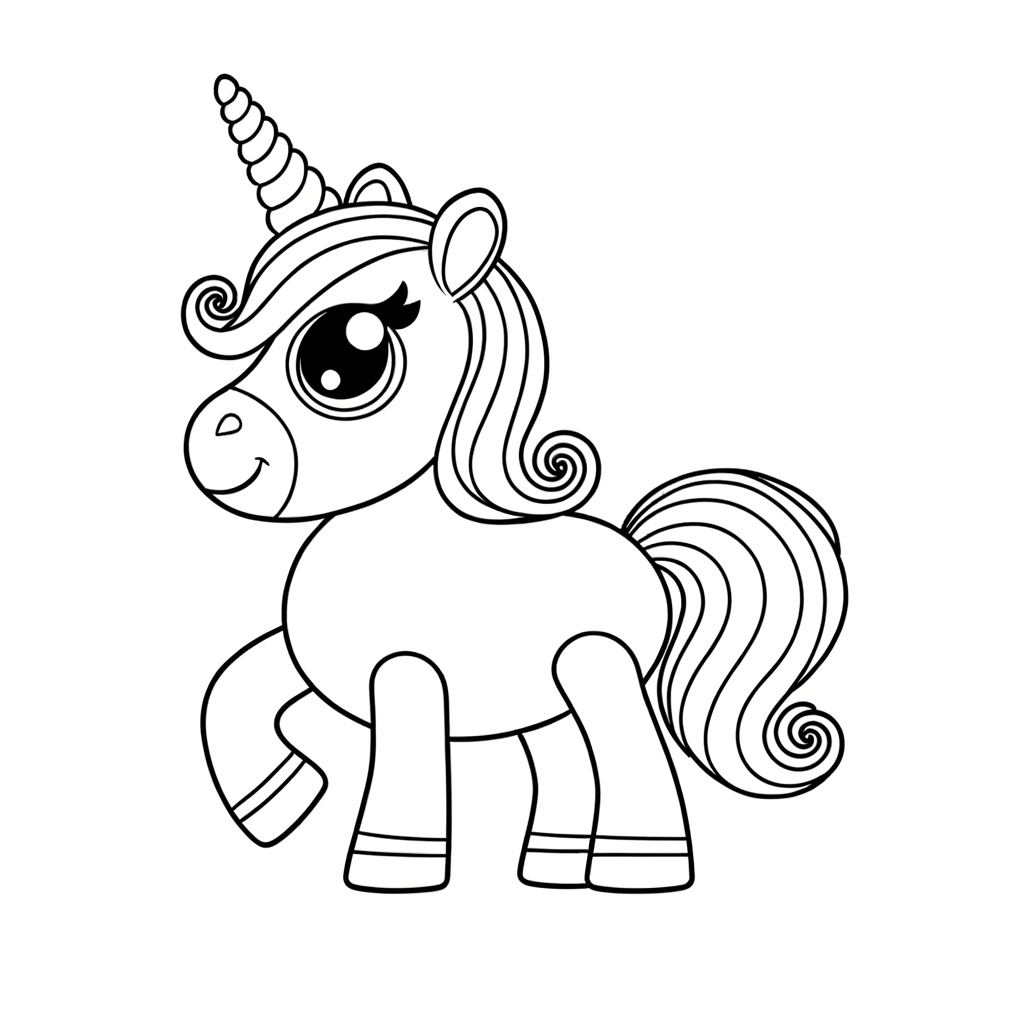 Coloring page of a cartoon unicorn rearing with a glowing spiral horn