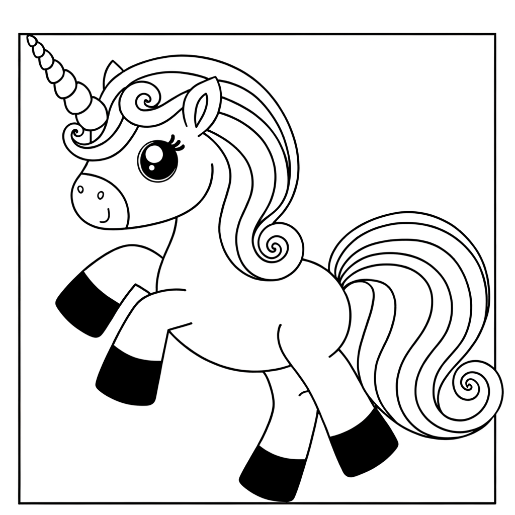 Cartoon unicorn rearing up on hind legs with glowing spiral horn coloring page