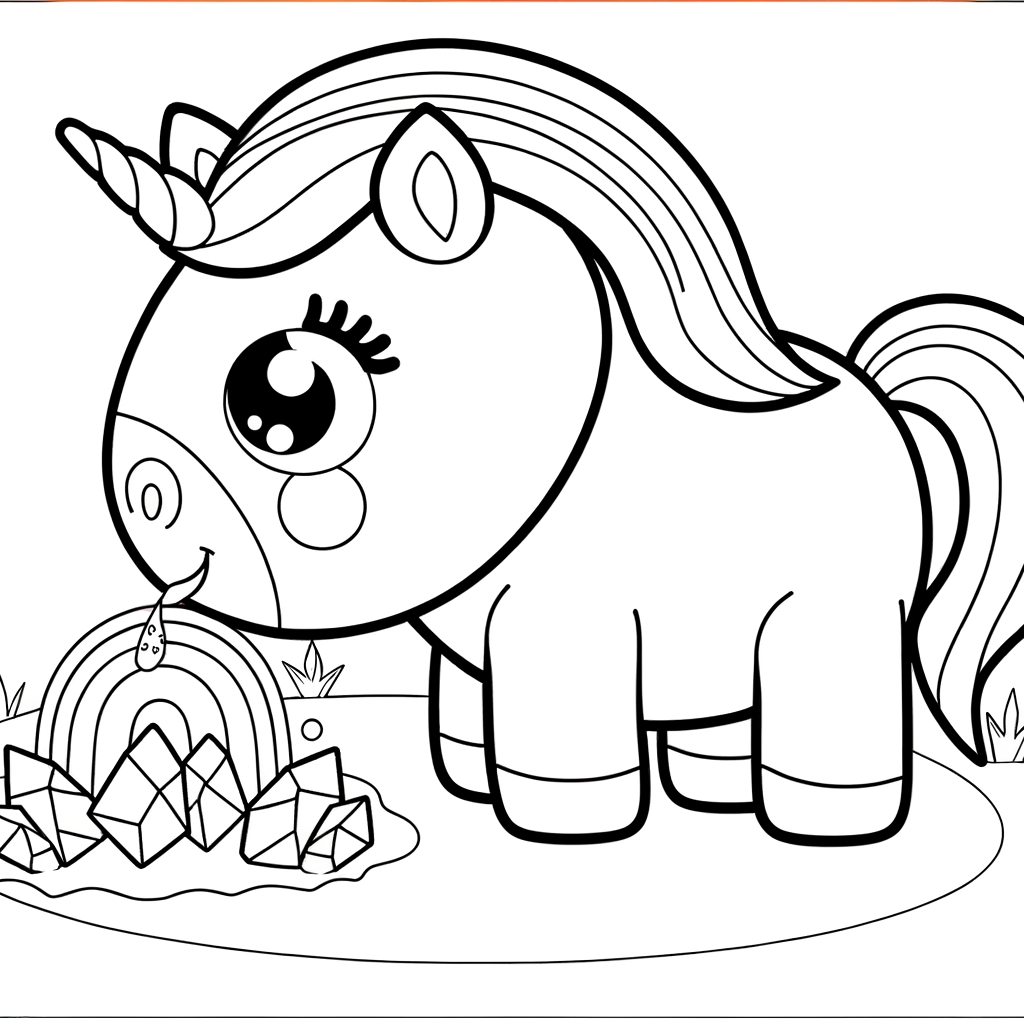 Cartoon unicorn with rainbow mane drinking from crystal stream coloring page