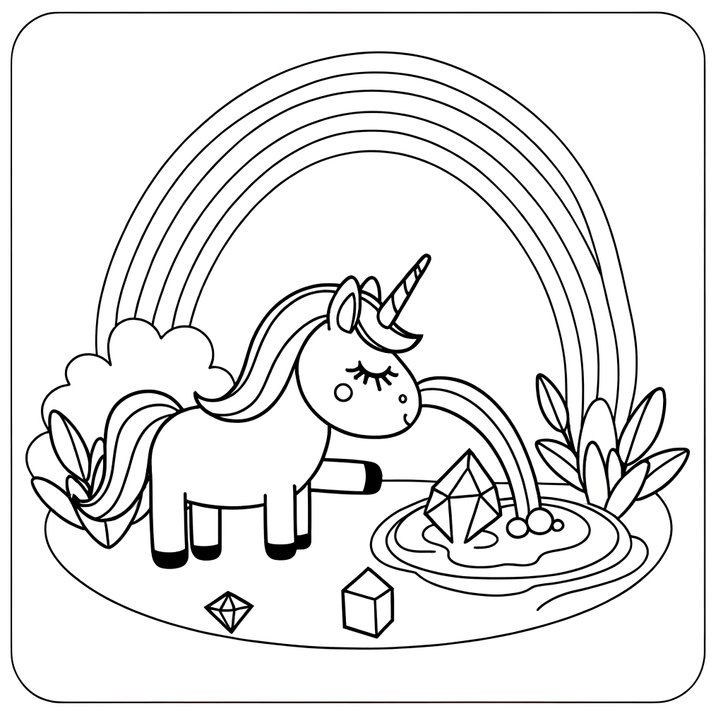 Cartoon unicorn with rainbow mane drinking from crystal stream coloring page