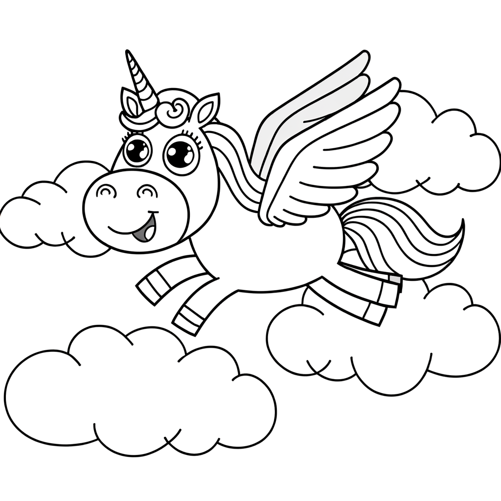 Coloring page of a cartoon winged unicorn flying gracefully through fluffy clouds