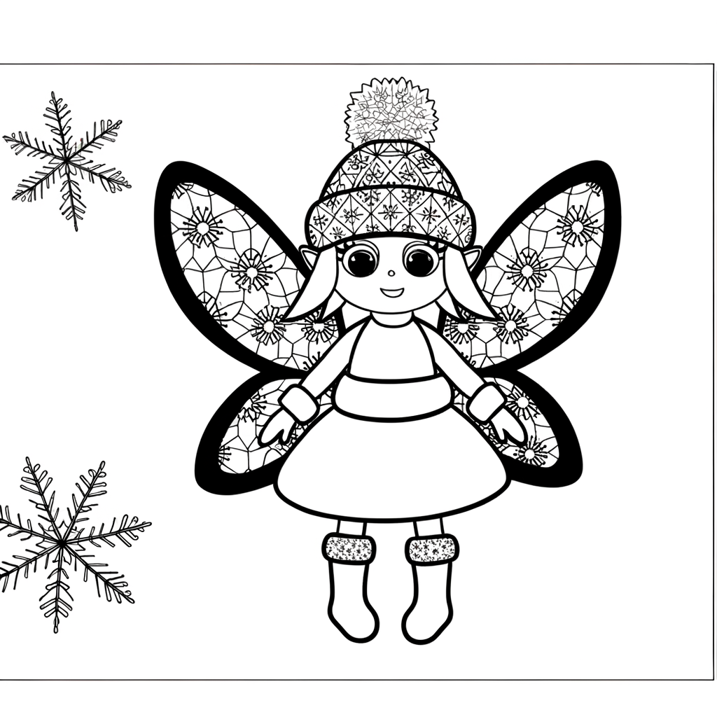 Cartoon winter fairy coloring page with detailed snowflake patterned wings
