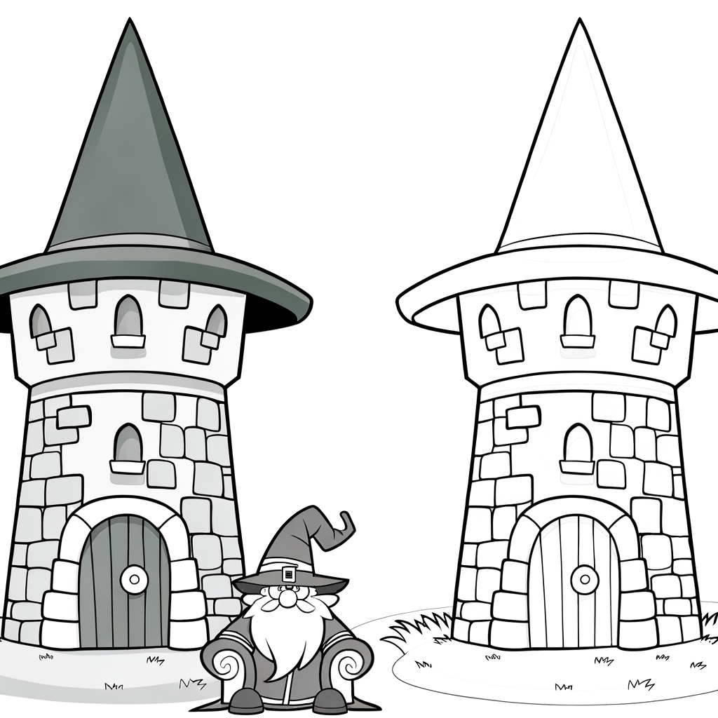 Coloring page showing a cartoon wizard tower attached to a grand castle with medieval architecture