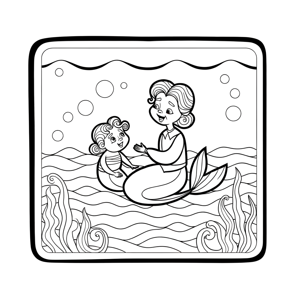Cartoon coloring page of young mermaid learning to swim with mother mermaid underwater