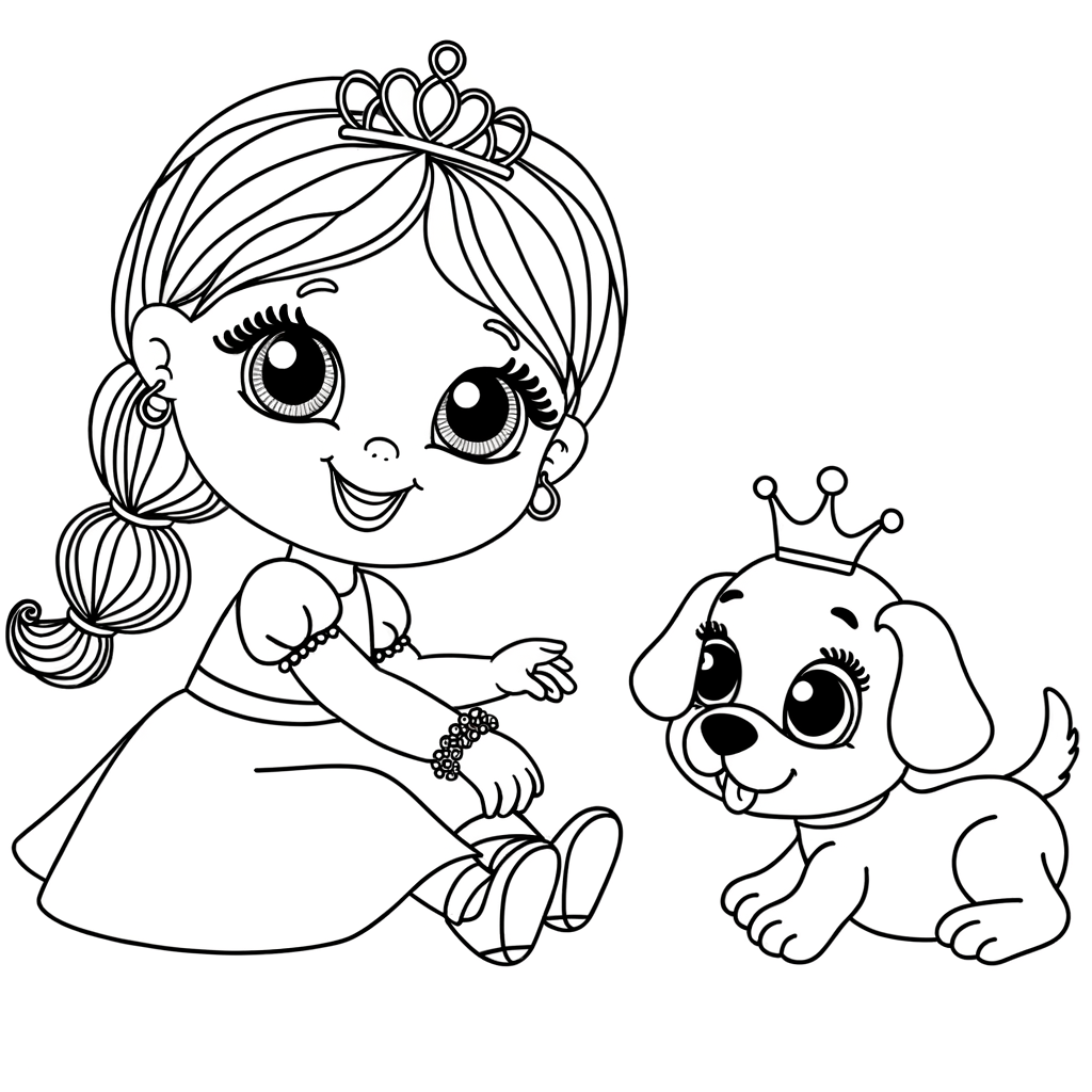 Cartoon princess playing with royal puppy coloring page
