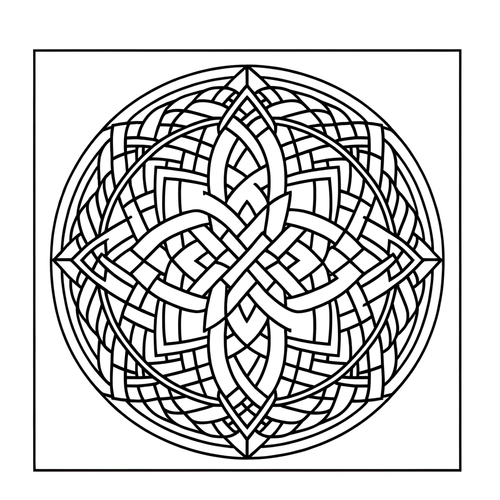 Celtic knot mandala coloring page with intricate interwoven circular patterns and symmetrical design