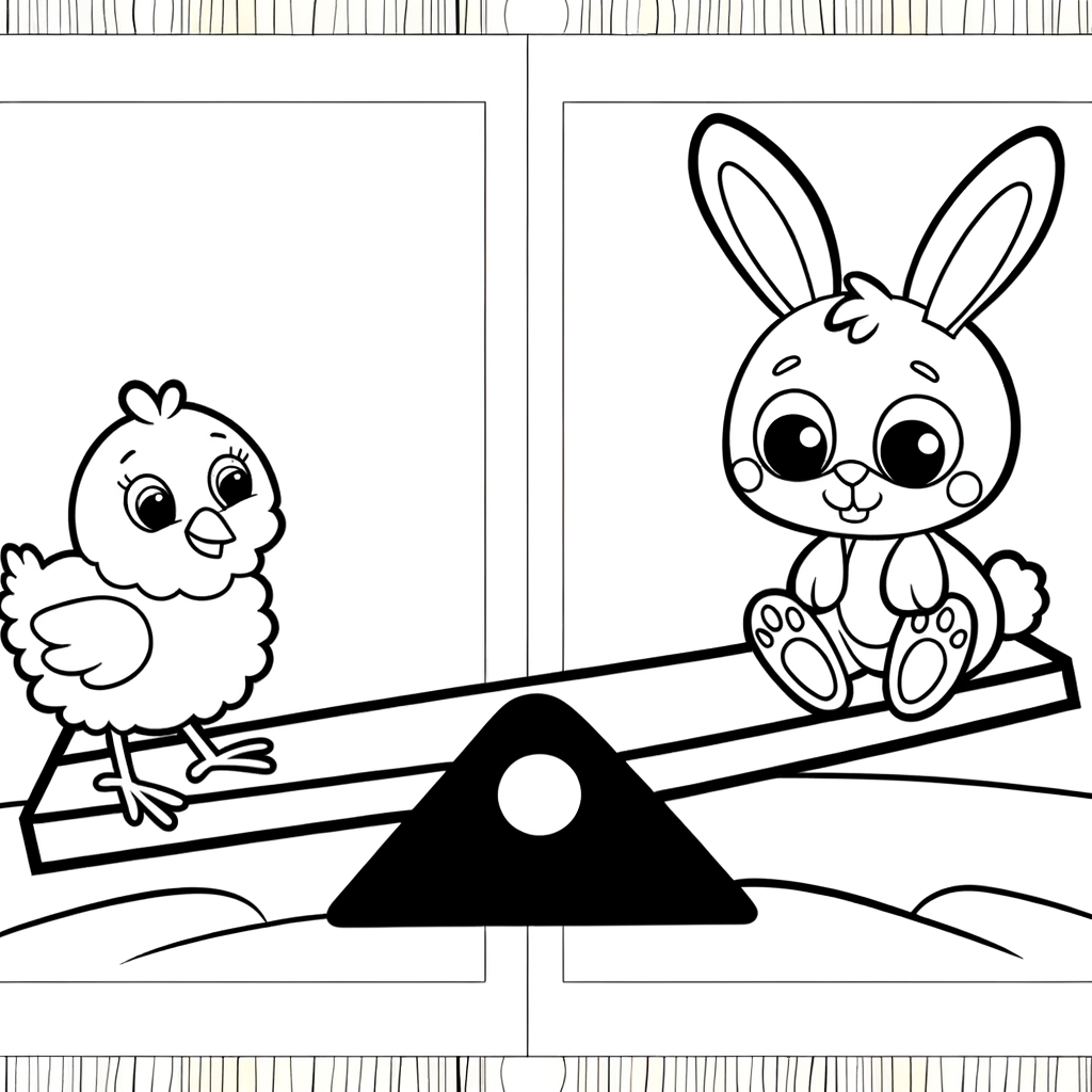 Coloring page showing a cute chick and bunny rabbit playing on a seesaw together