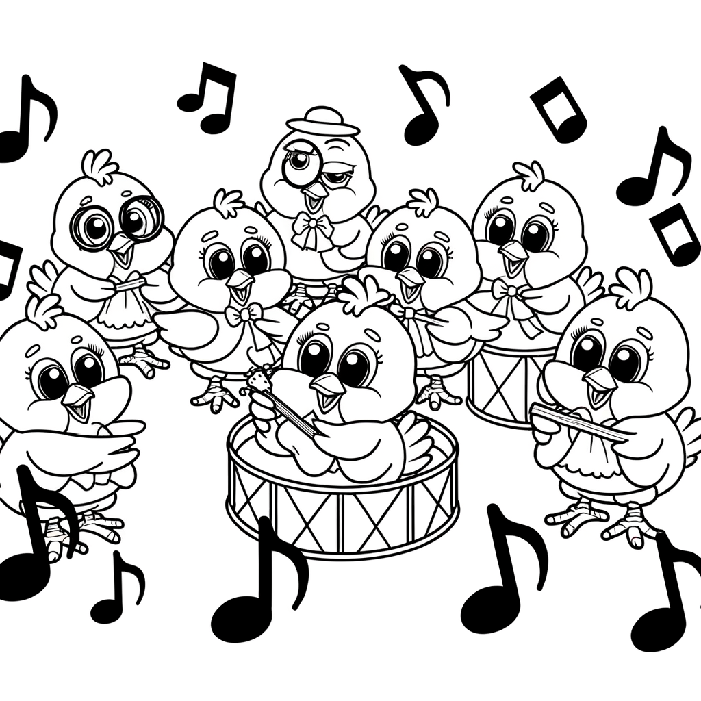 Coloring page illustration of cute baby chicks forming a band and playing musical instruments