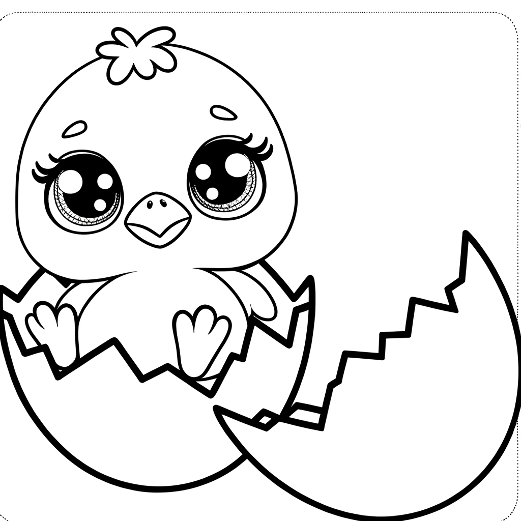 Coloring page of a cute baby chick hatching from a broken eggshell