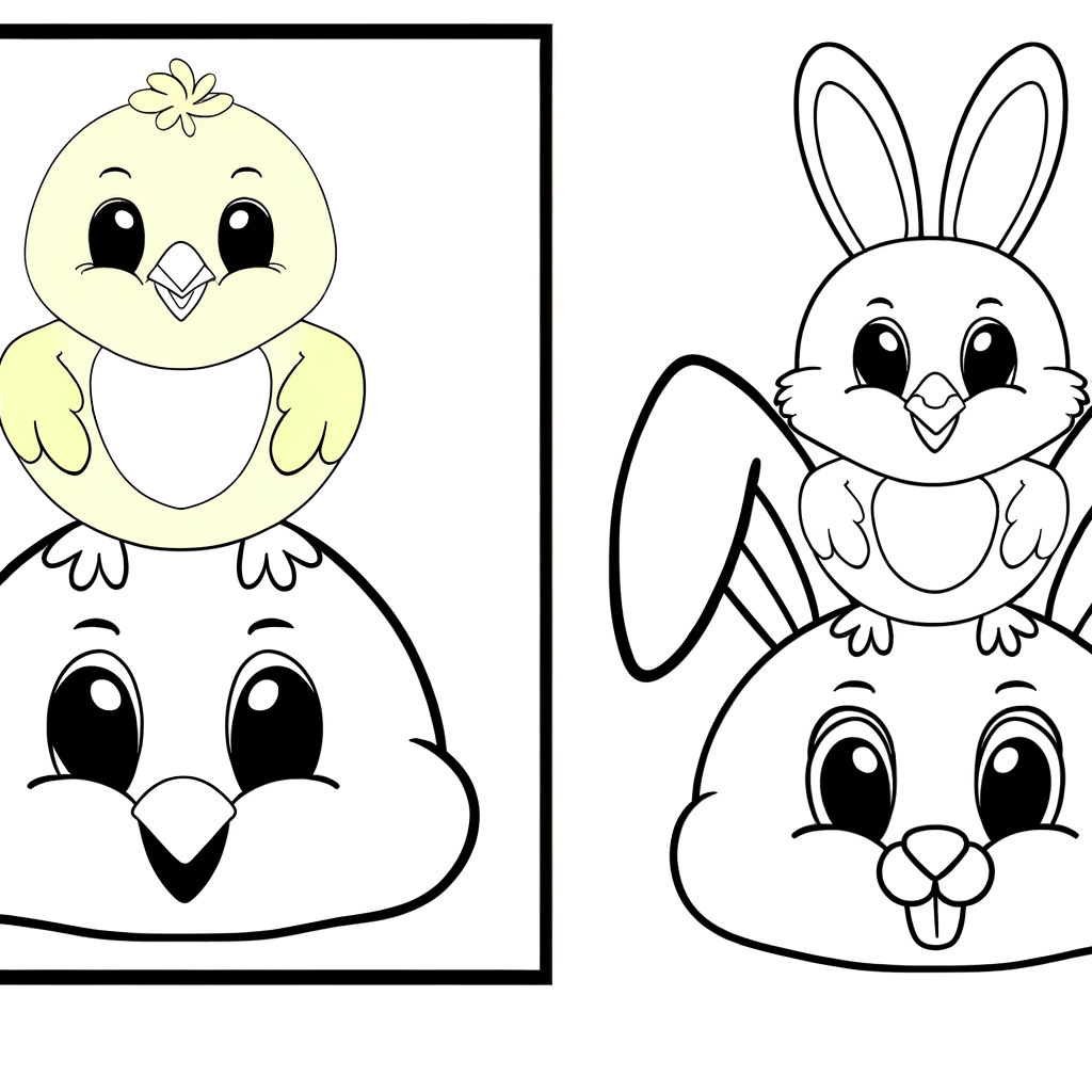 Coloring page showing a cute baby chick riding on top of a bunny rabbit's head