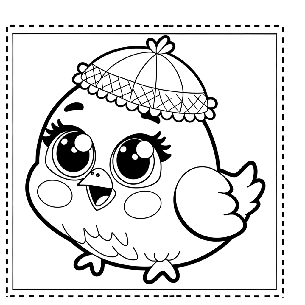 Cute baby chick wearing decorative Easter bonnet coloring page outline