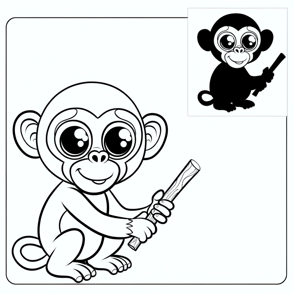 Coloring page of a chimpanzee holding and using a stick as a tool