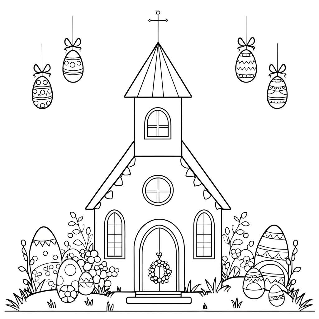 Coloring page of a church building decorated with Easter lilies, crosses, and holiday decorations