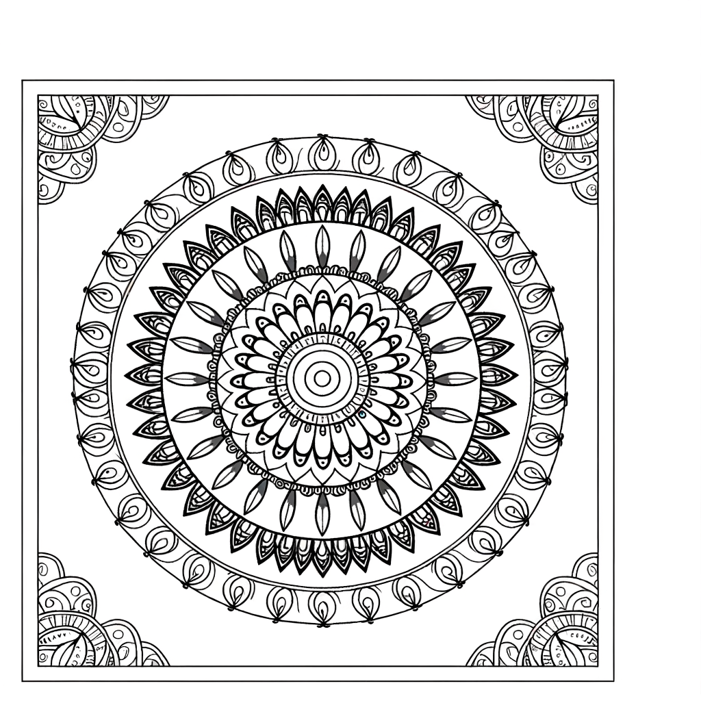 Circular mandala coloring page with intricate floral patterns and symmetrical design