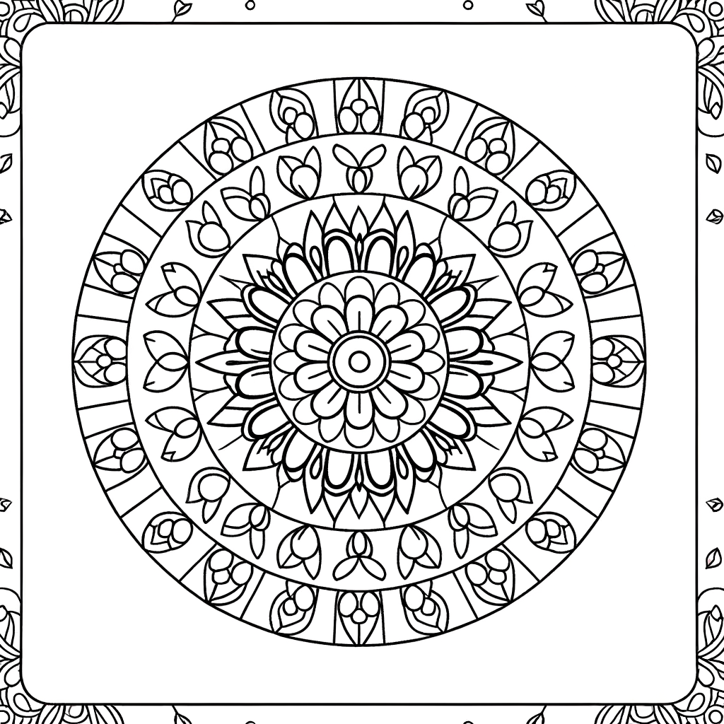 Circular mandala coloring page with intricate floral patterns and symmetrical design