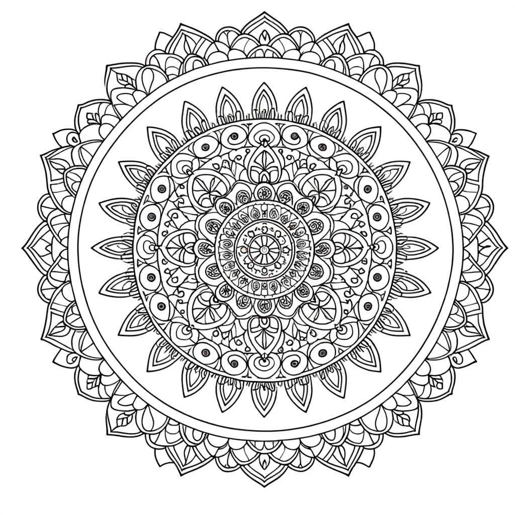 A coloring page of a circular mandala with intricate floral patterns