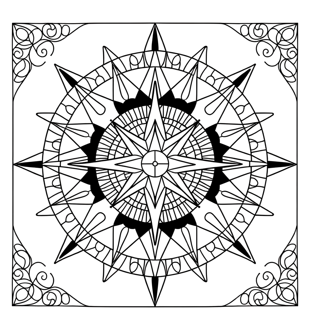 Compass rose mandala coloring page with nautical design featuring intricate patterns and maritime elements