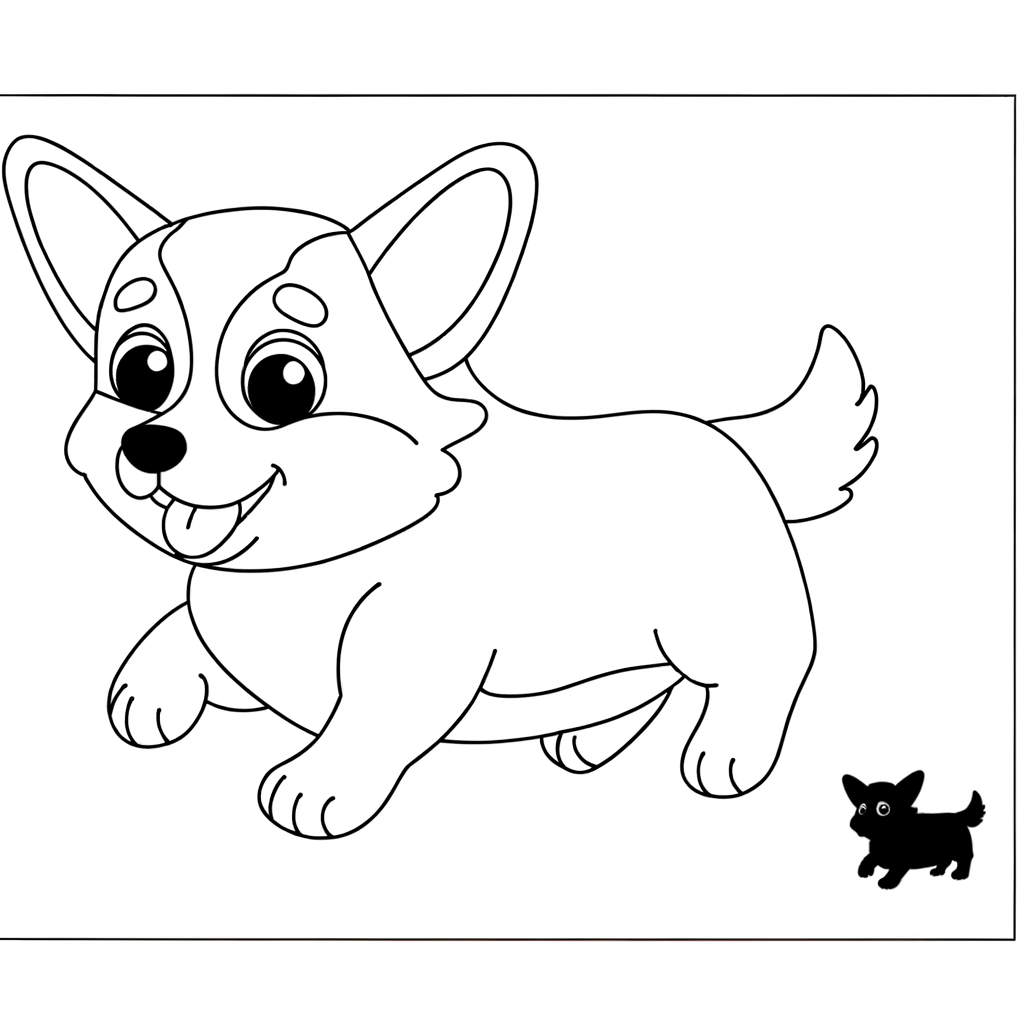 Coloring page of a happy corgi puppy with short legs running