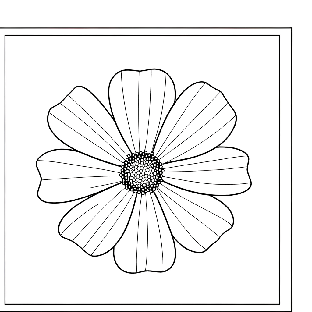 Cosmos flower coloring page showing delicate layered petals in black and white line art