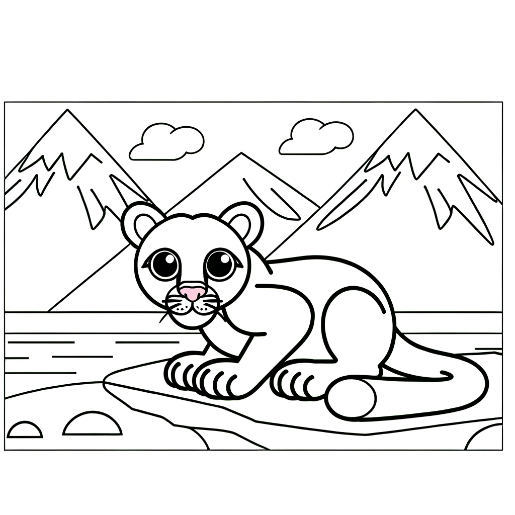 Coloring page illustration of a cougar standing on a rocky mountain ledge