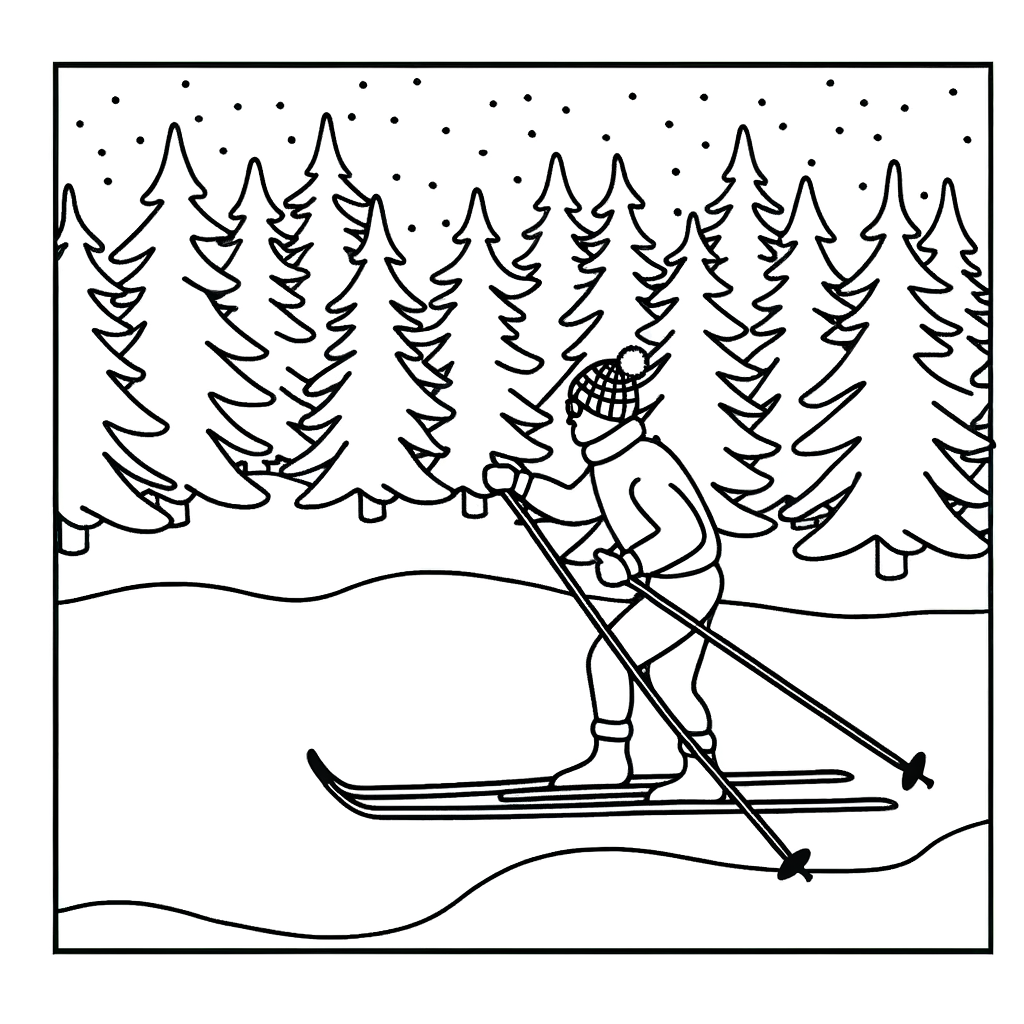 Coloring page showing a cross country skier moving through a snowy forest with evergreen trees