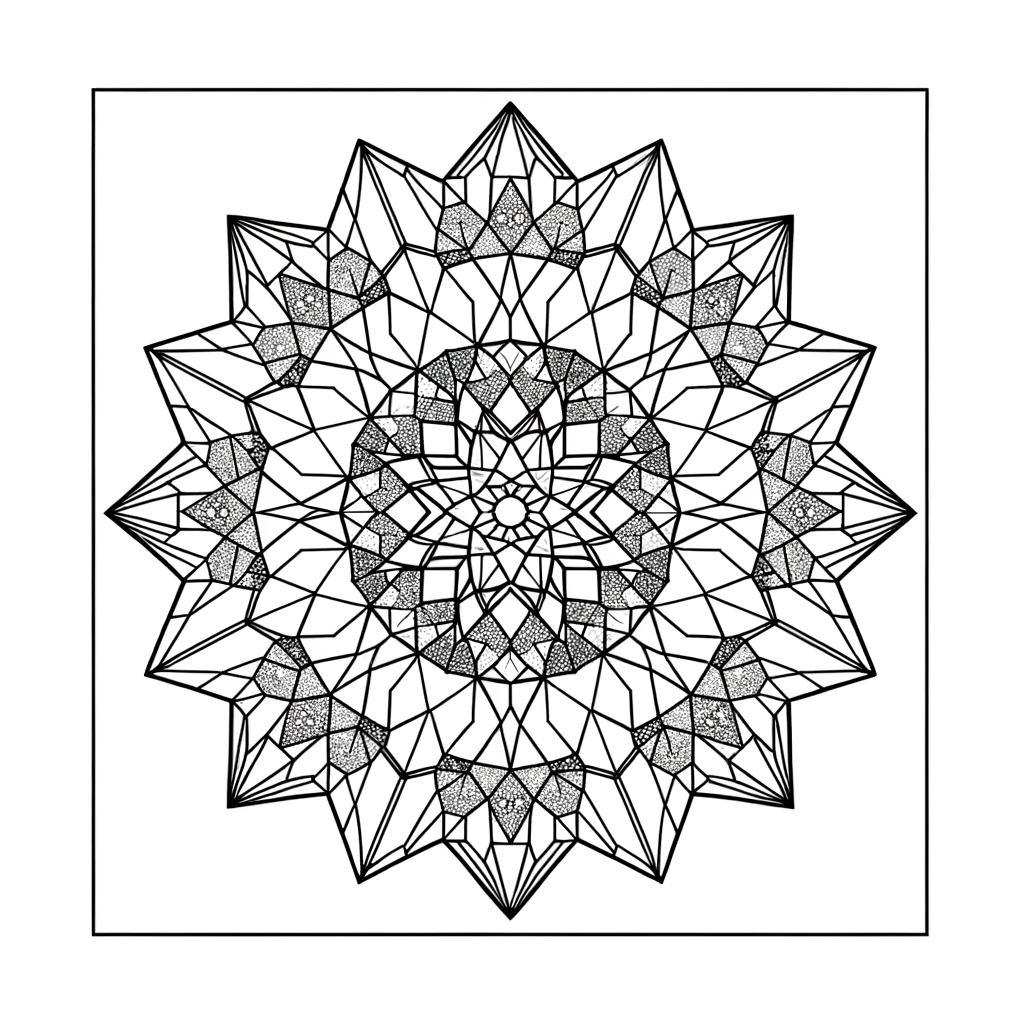 Crystal mandala coloring page with detailed gemstone facet patterns and geometric designs