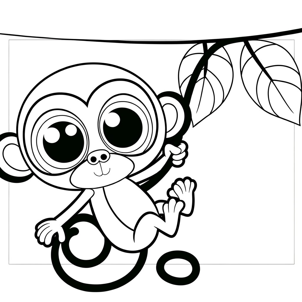 Coloring page of a curious monkey swinging from a vine in the jungle