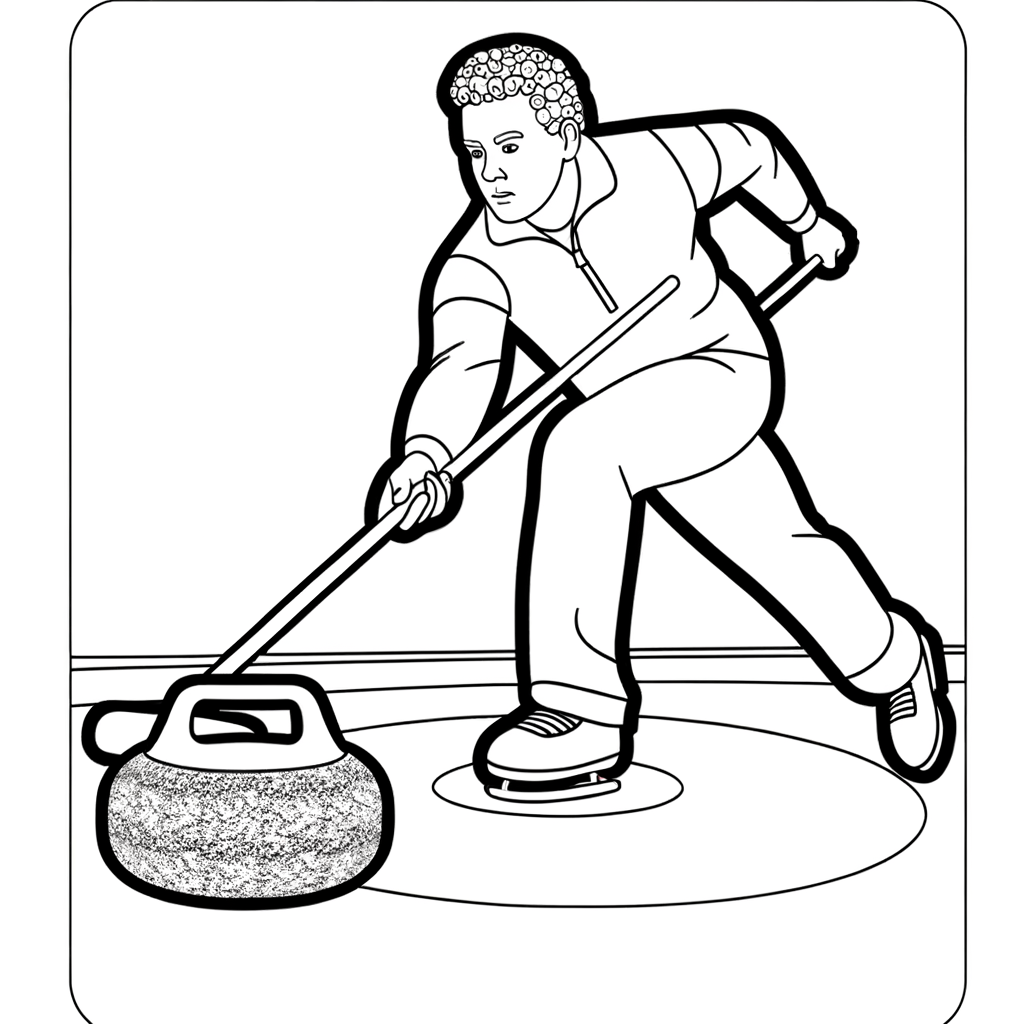 Coloring page showing curling player releasing stone on ice rink