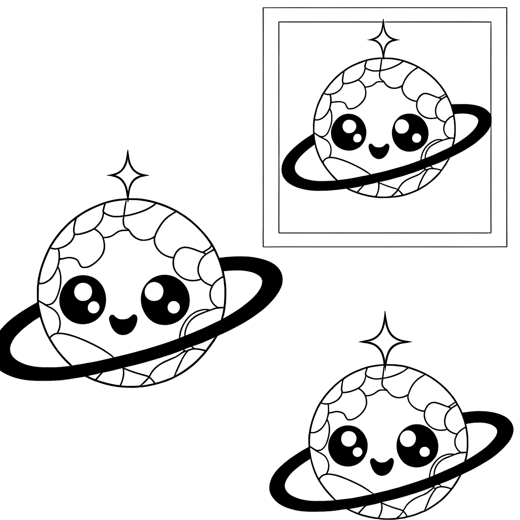 Coloring page of a cute chibi planet character with a happy smiling face and simple cartoon features