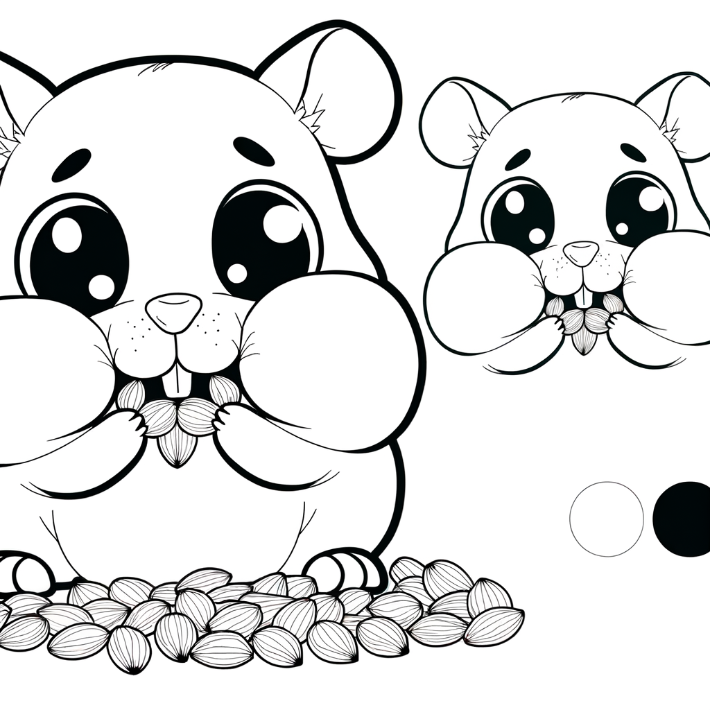 Cute hamster coloring page showing hamster with stuffed cheeks full of sunflower seeds