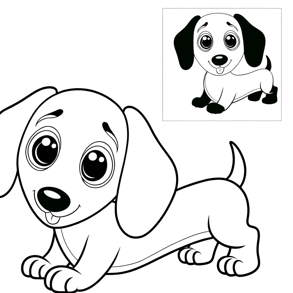 Coloring page of a dachshund dog in playful bow position with front legs down and rear end up, ready to play