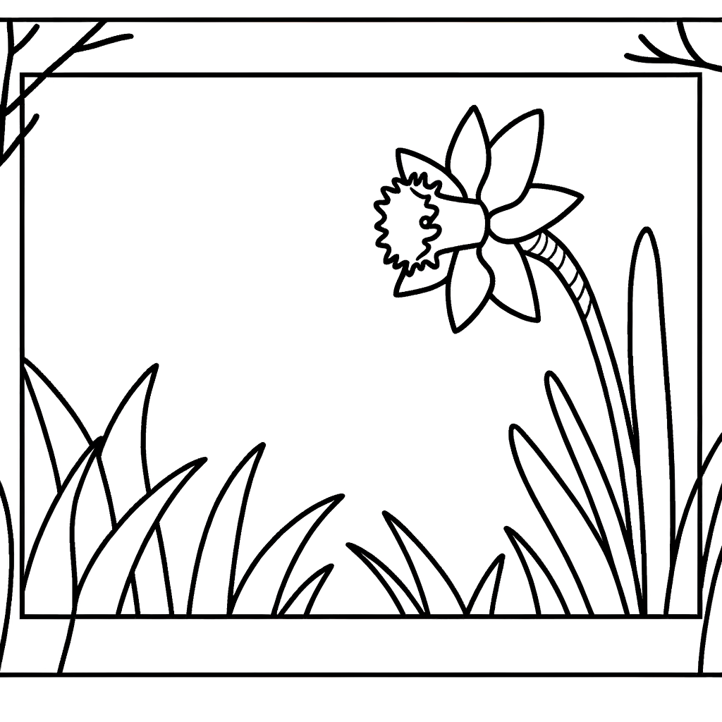 Coloring page of a daffodil flower announcing spring arrival with detailed petals and leaves