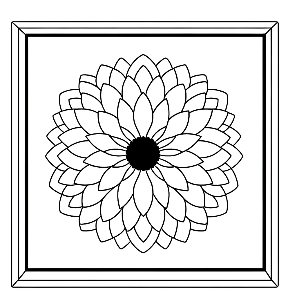 Dahlia mandala coloring page with multiple layers of detailed petals in circular pattern