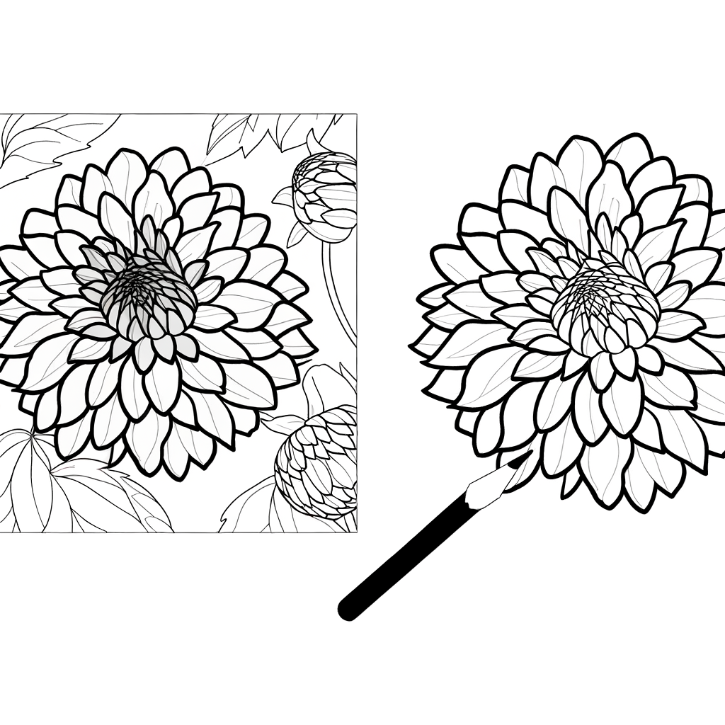 Detailed line drawing of a dahlia flower with multiple layered petals for coloring