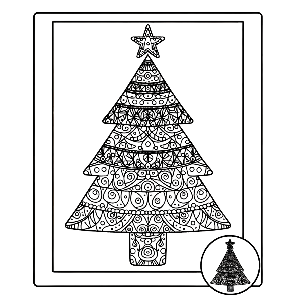 Decorated Christmas tree with a star on top coloring page