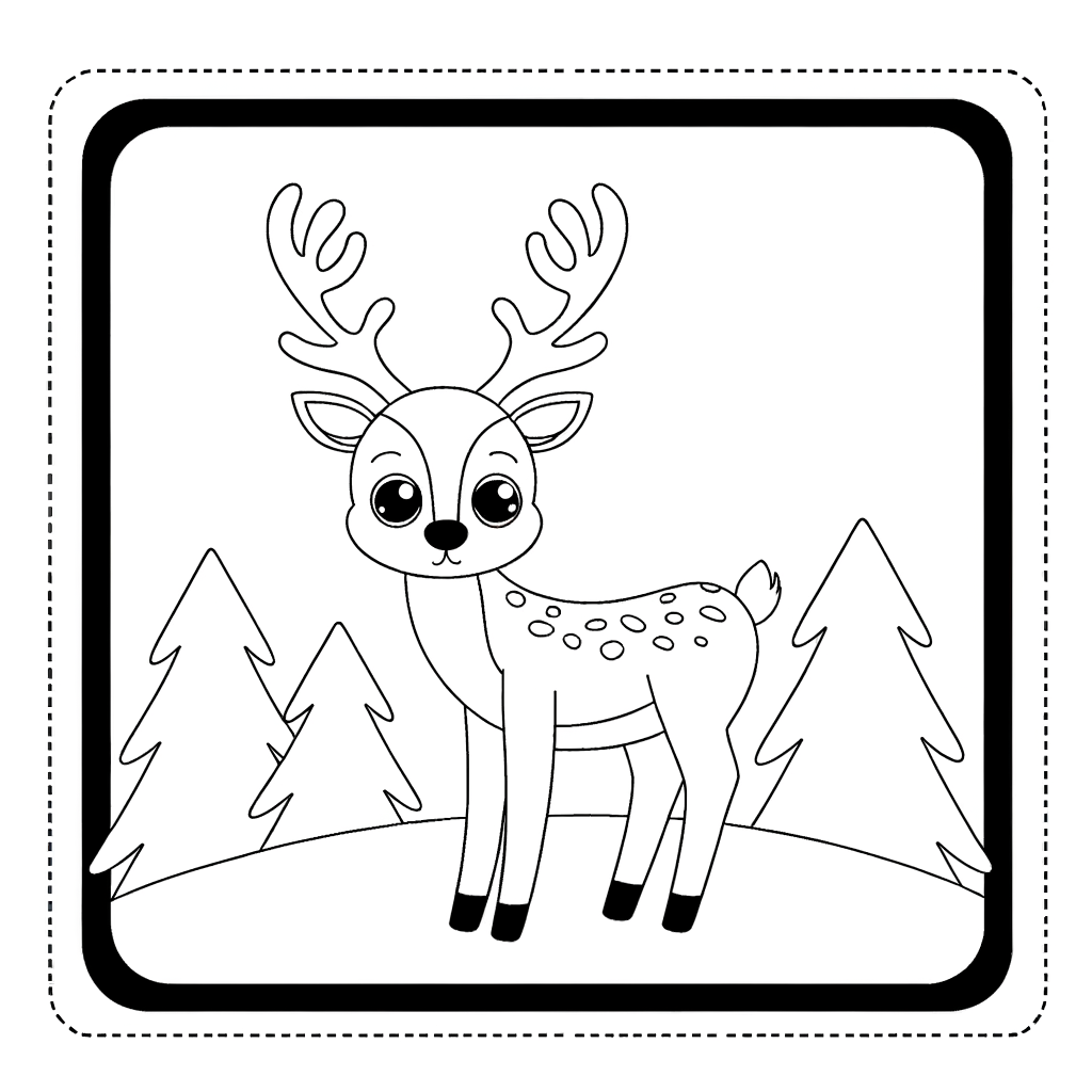 Coloring page of a deer with large antlers standing in a forest surrounded by trees
