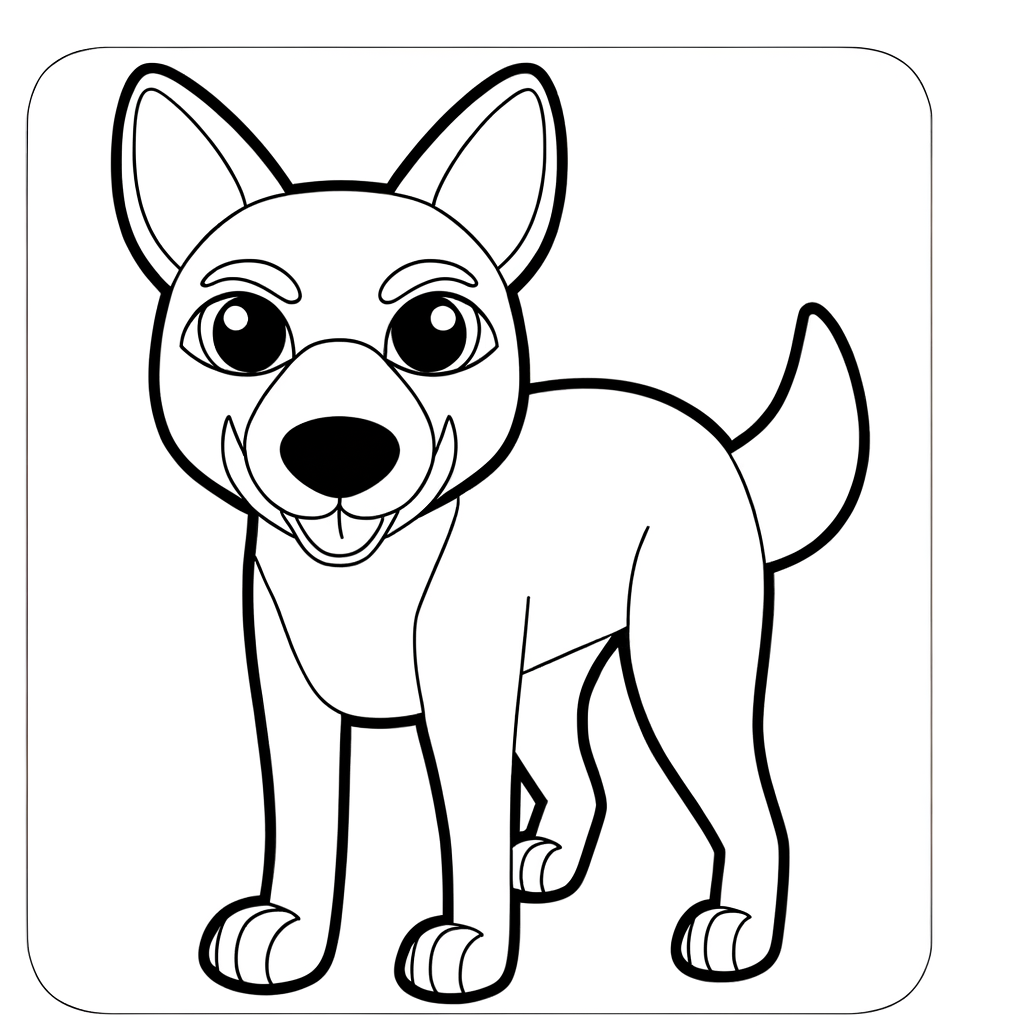 Coloring page illustration of a dingo standing in the Australian outback with desert landscape