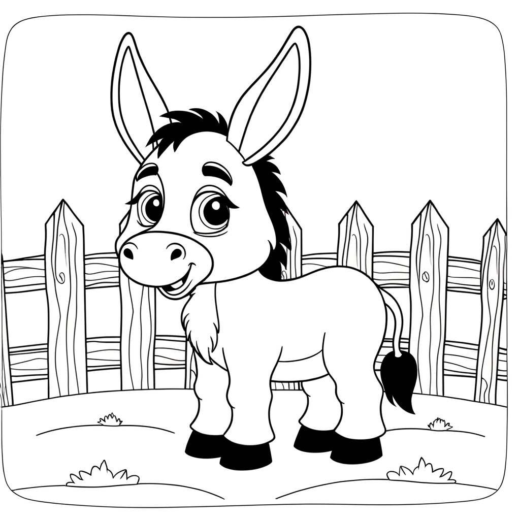 Coloring page illustration of a donkey with long ears standing next to a wooden fence