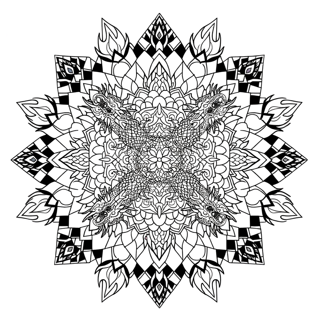 Coloring page of a dragon mandala with scales and flames