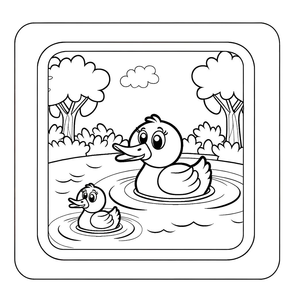 Coloring page showing a duck family with parent ducks and ducklings swimming in a pond with water plants