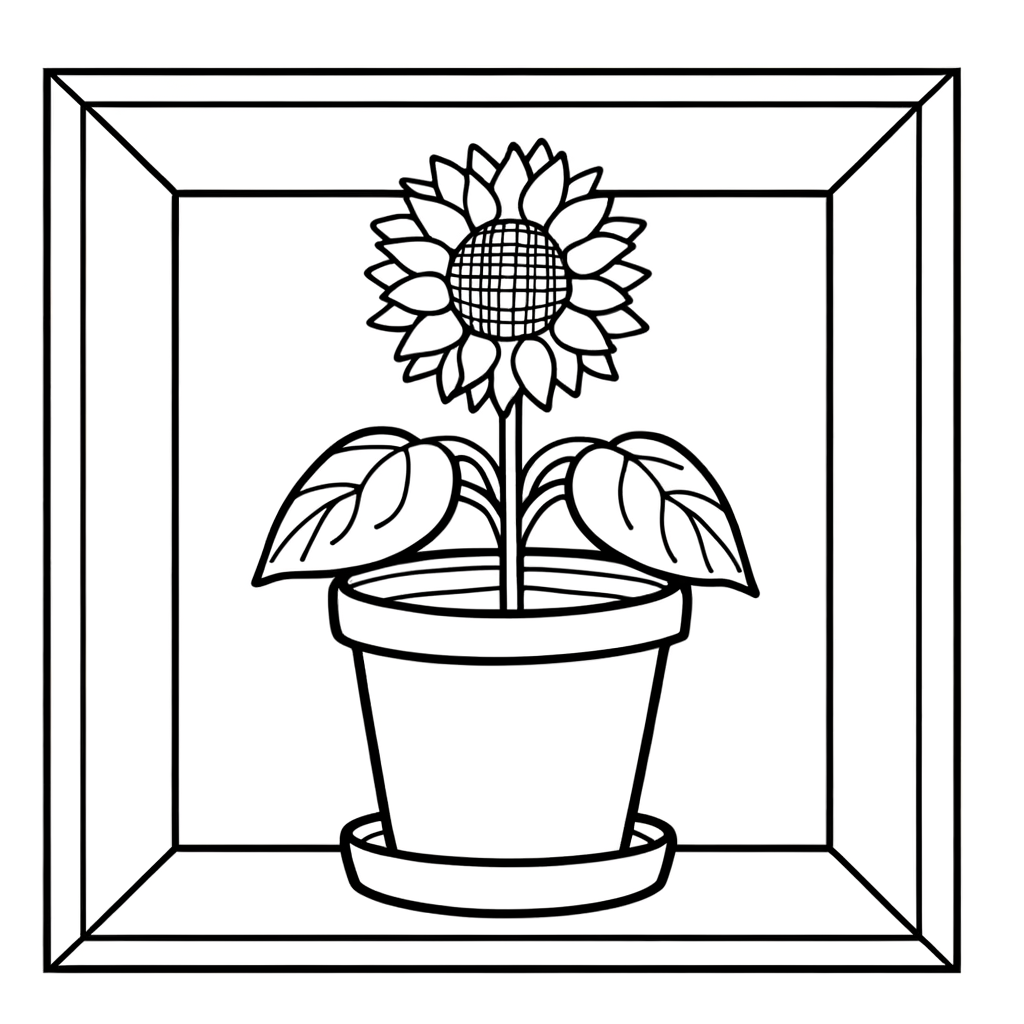 Line drawing of a dwarf sunflower with petals and center in a decorative pot for coloring