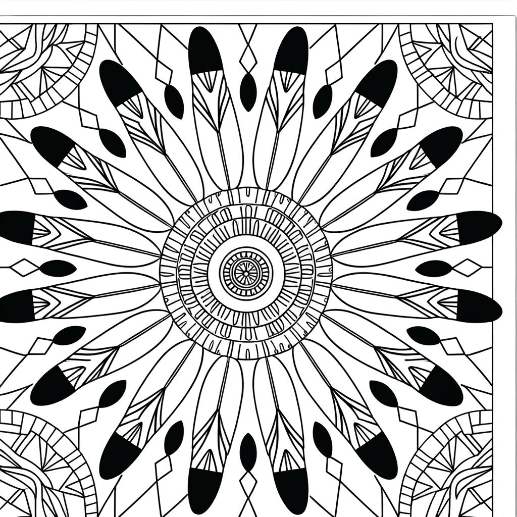 Detailed feather mandala coloring page with native tribal patterns and intricate circular design elements