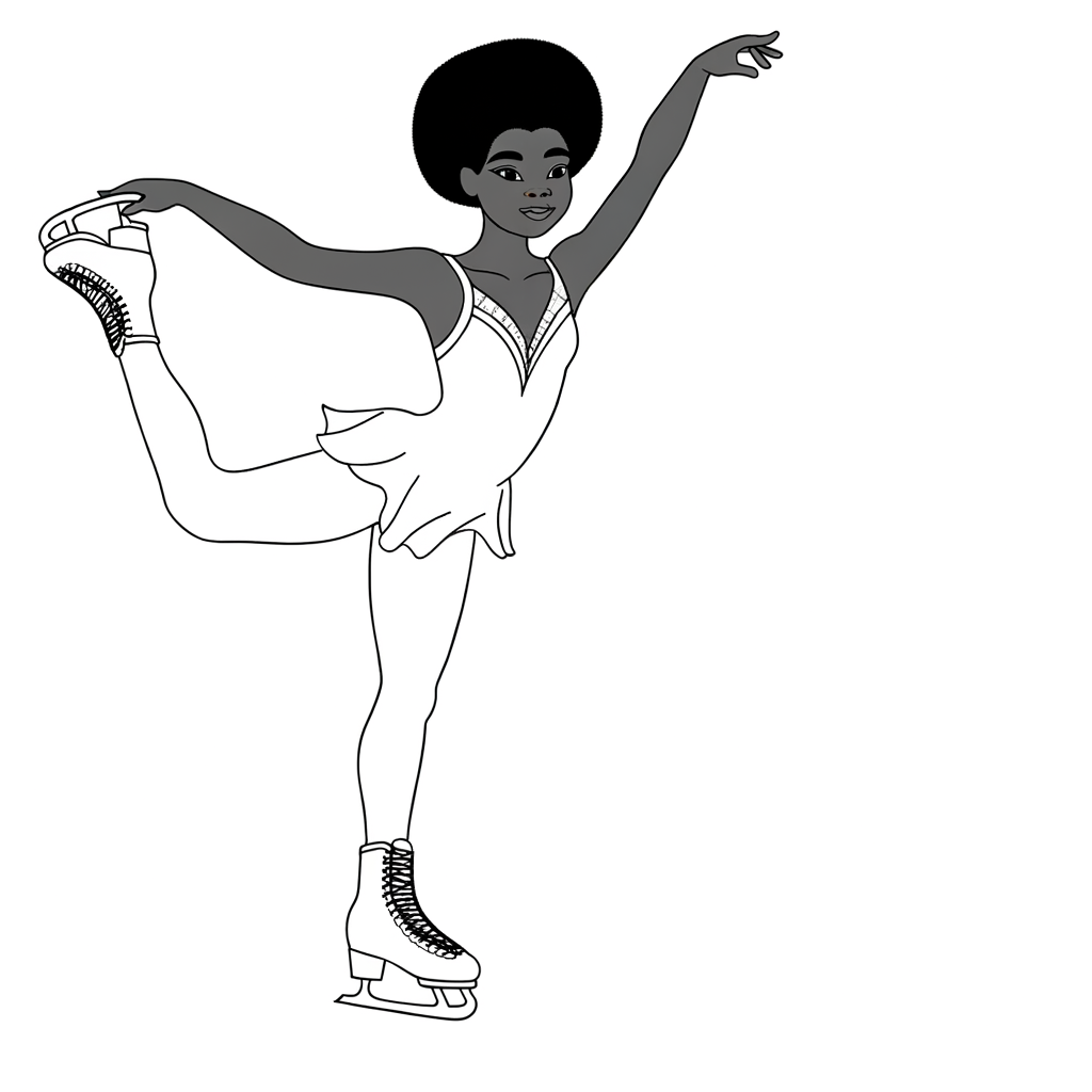 Coloring page of a figure skater doing an elegant spinning move on ice rink