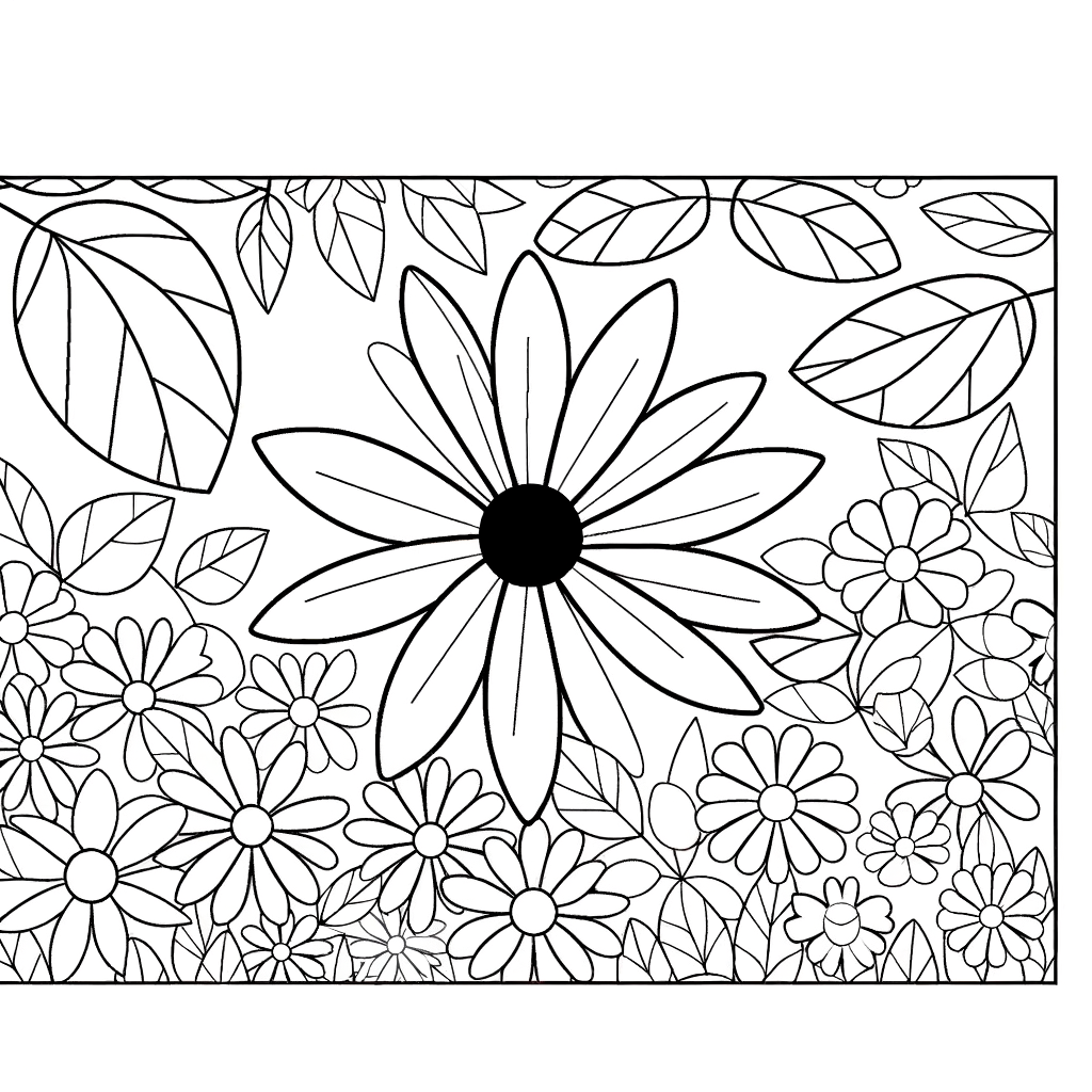Flower garden coloring page showing various blooming flowers and plants in a garden setting