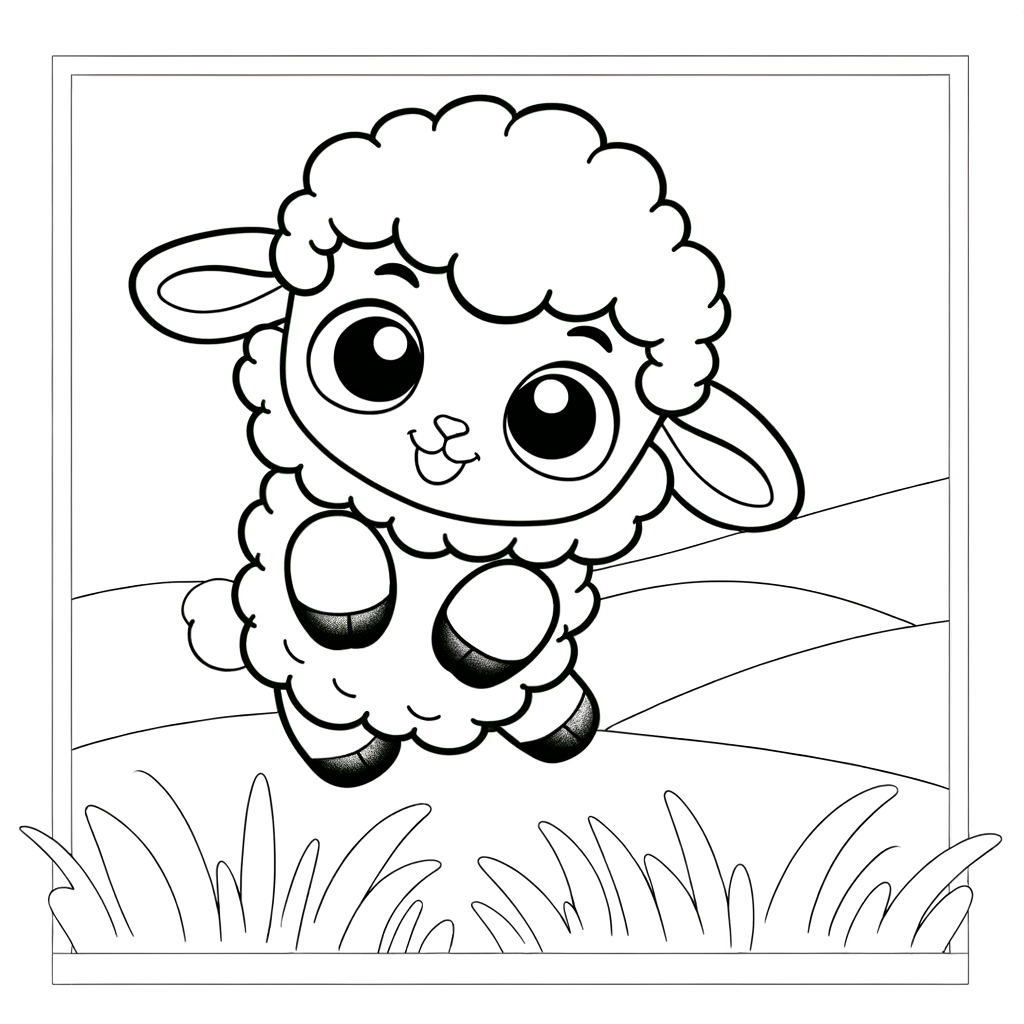 Coloring page outline of a cute fluffy baby lamb jumping happily in a grassy field