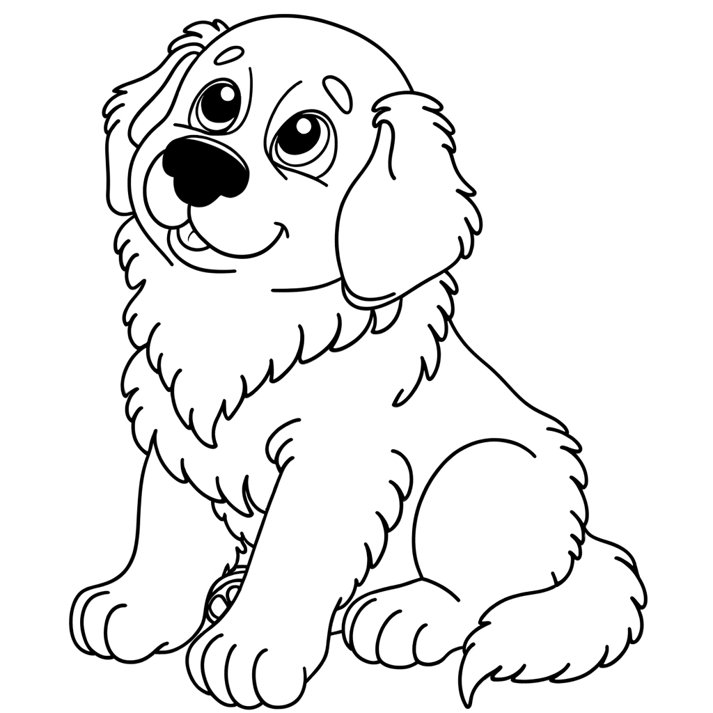 a fluffy golden retriever puppy sitting and looking up with big happy eyes coloring page