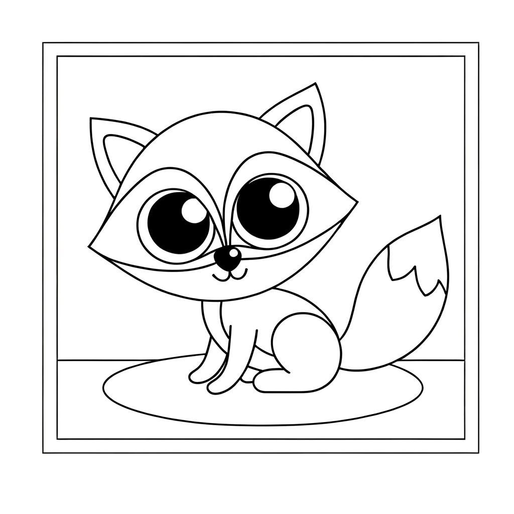 Coloring page of a baby fox kit exploring outside its den in a woodland setting
