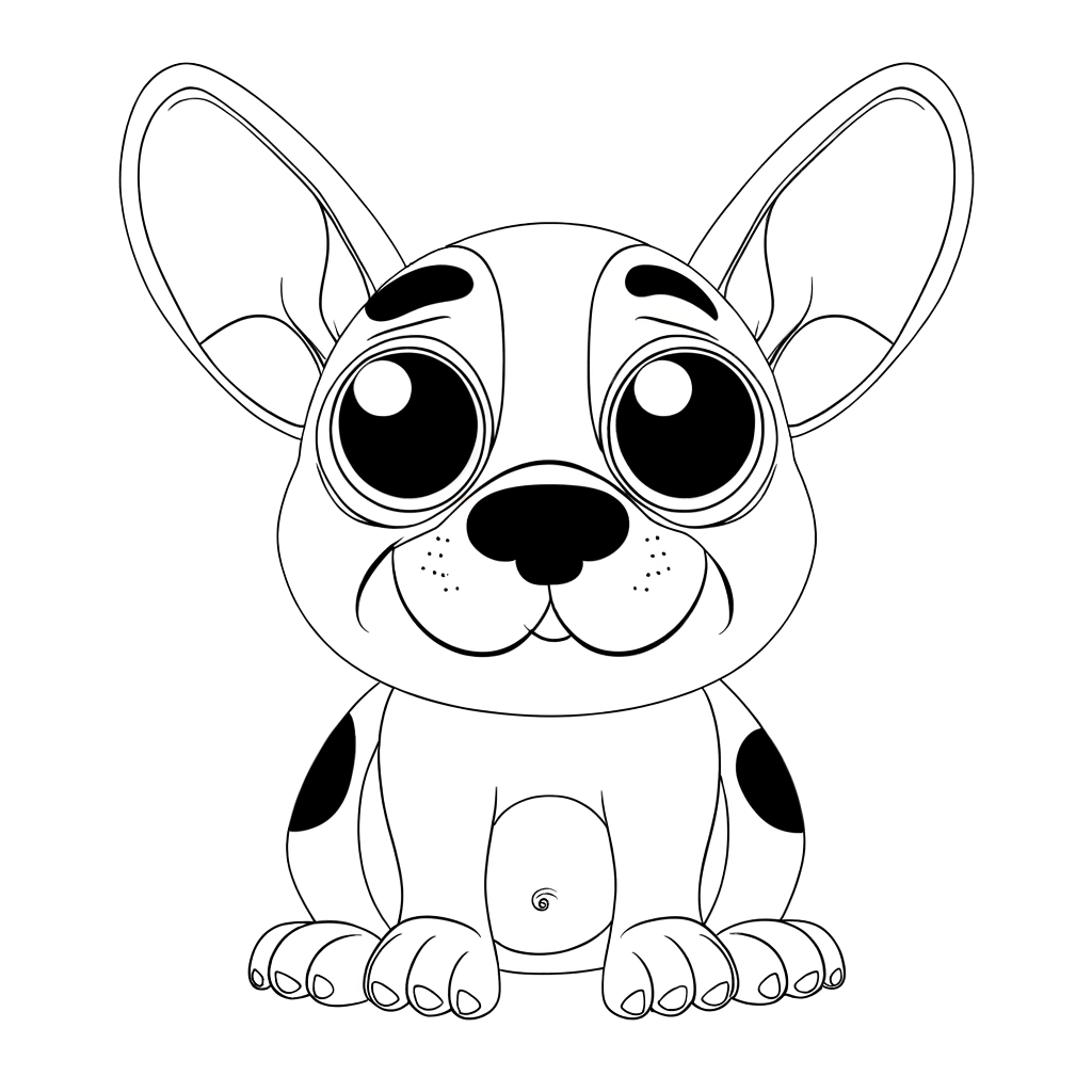 Coloring page of a French Bulldog sitting with large upright bat-like ears in an alert position